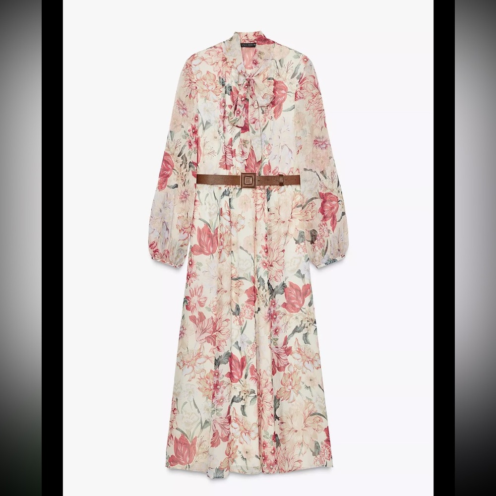 Zara Floral Maxi Dress with Belt - Pink and Cream